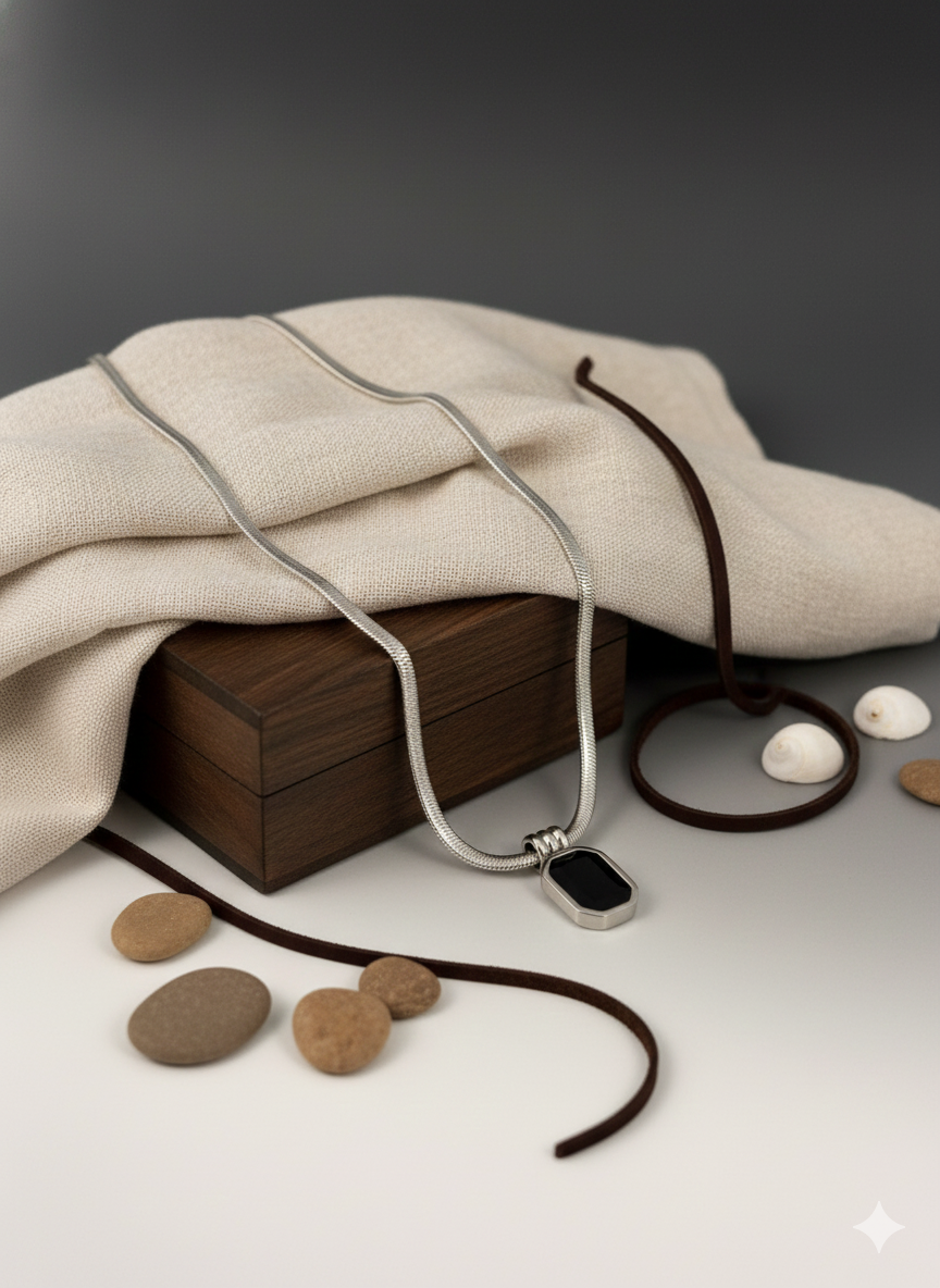 Black Onyx Rectangle Pendant Necklace