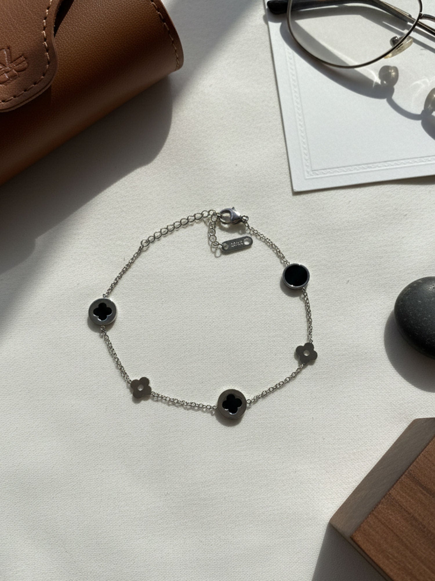 Silver & Black Clover Link Bracelet