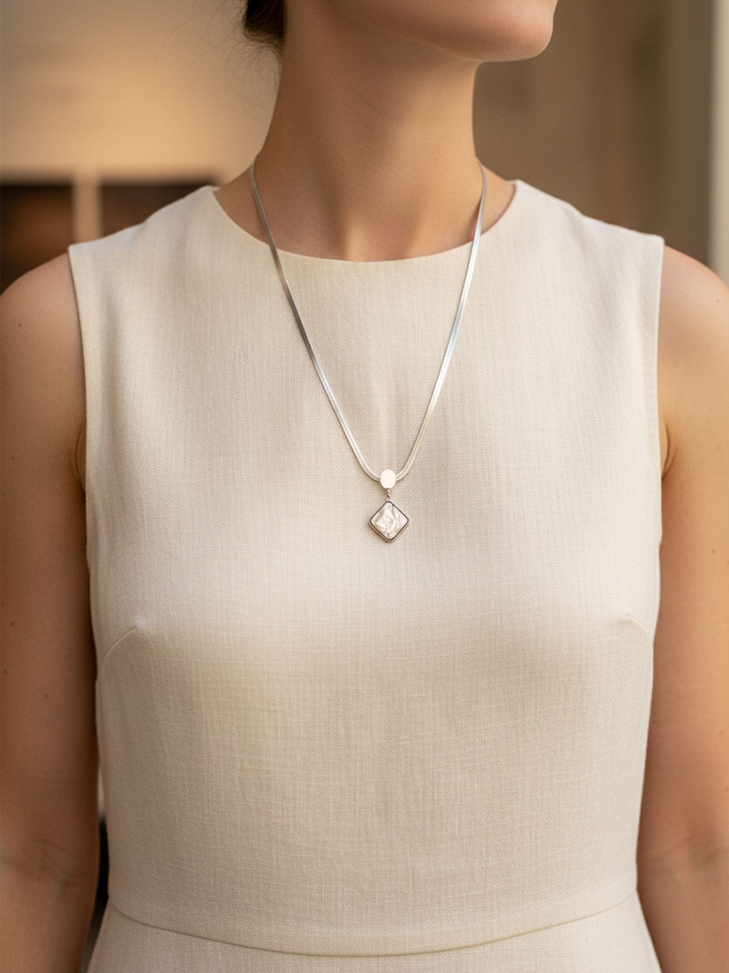Pearl-Glow Square Pendant Necklace