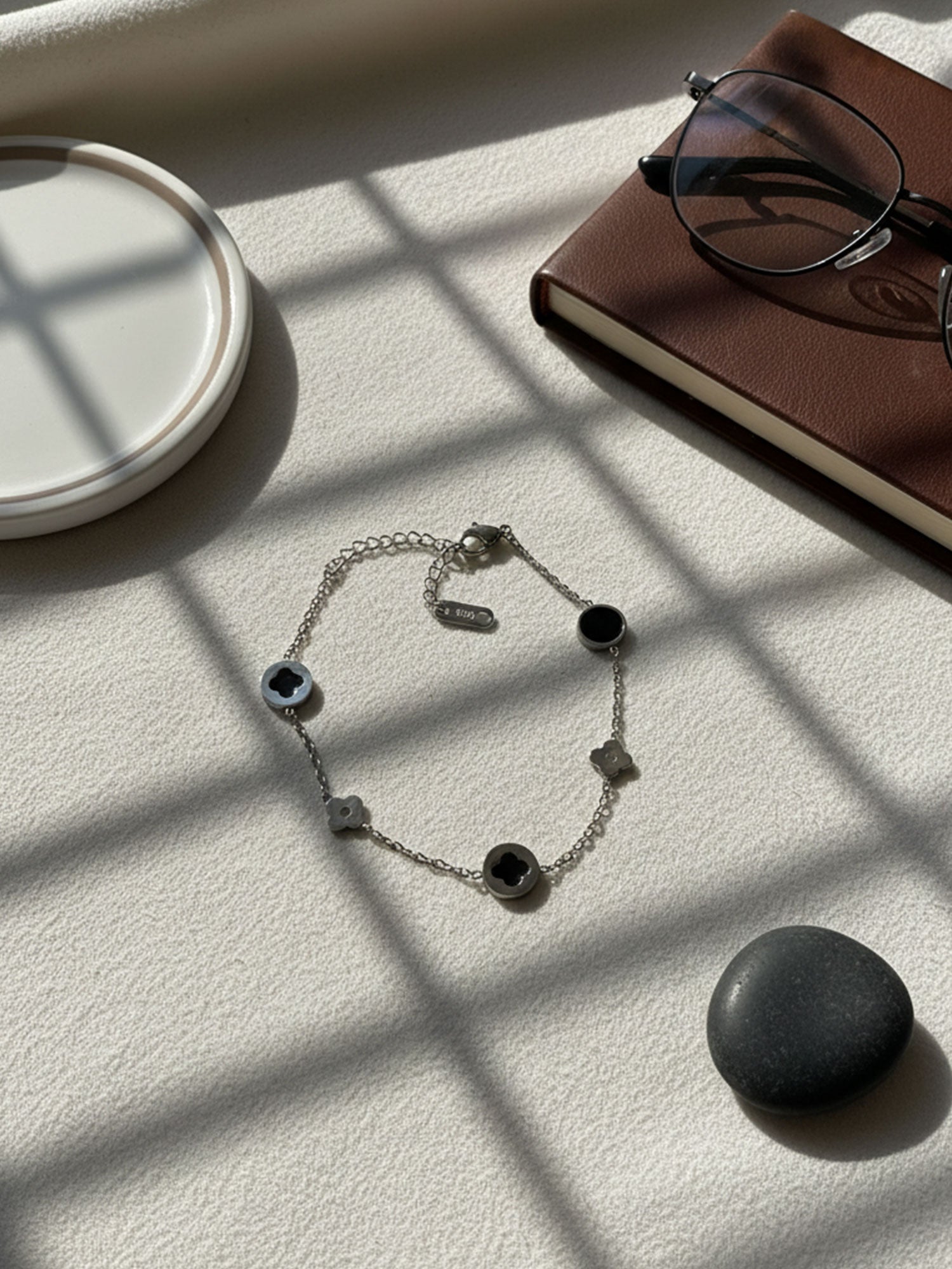 Silver & Black Clover Link Bracelet