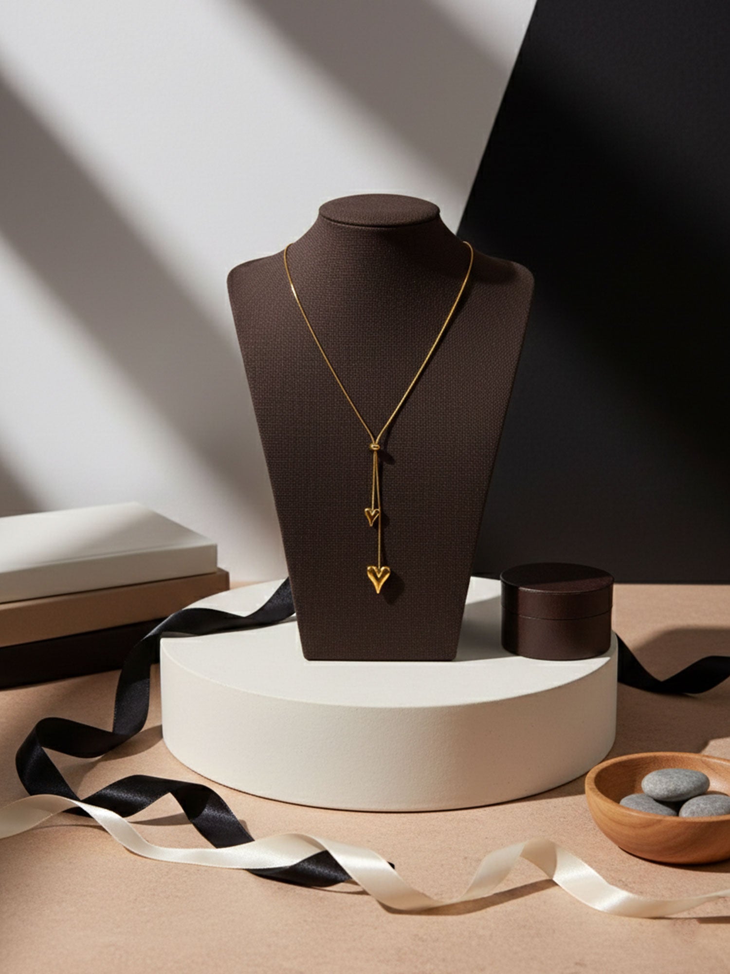 Golden Twin Heart Drop Necklace