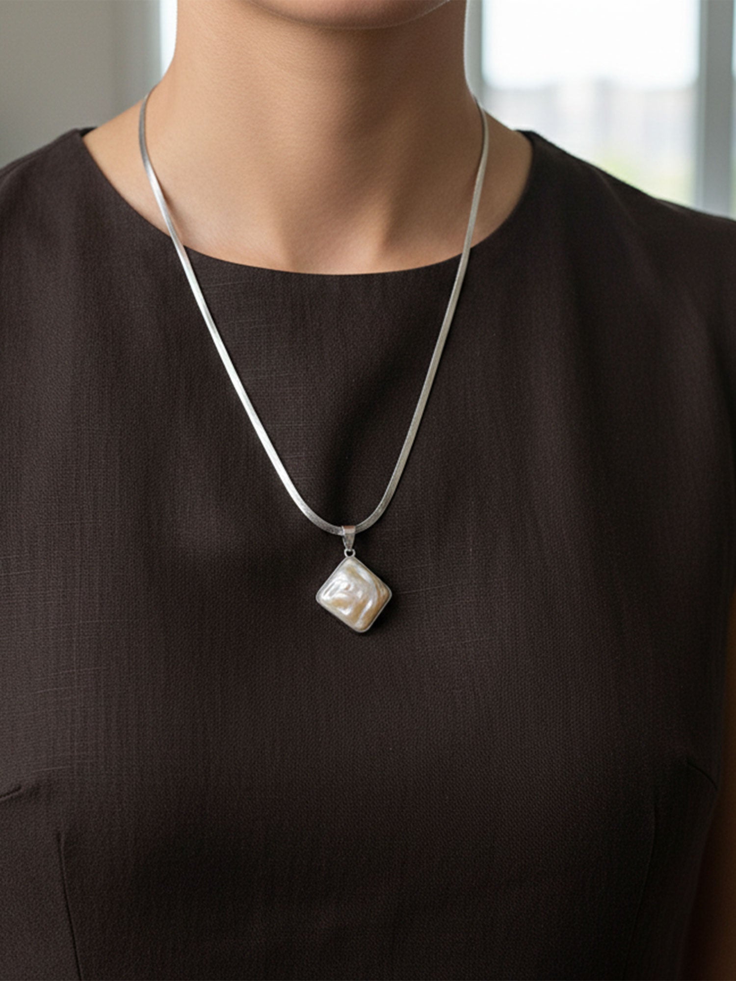 Pearl-Glow Square Pendant Necklace