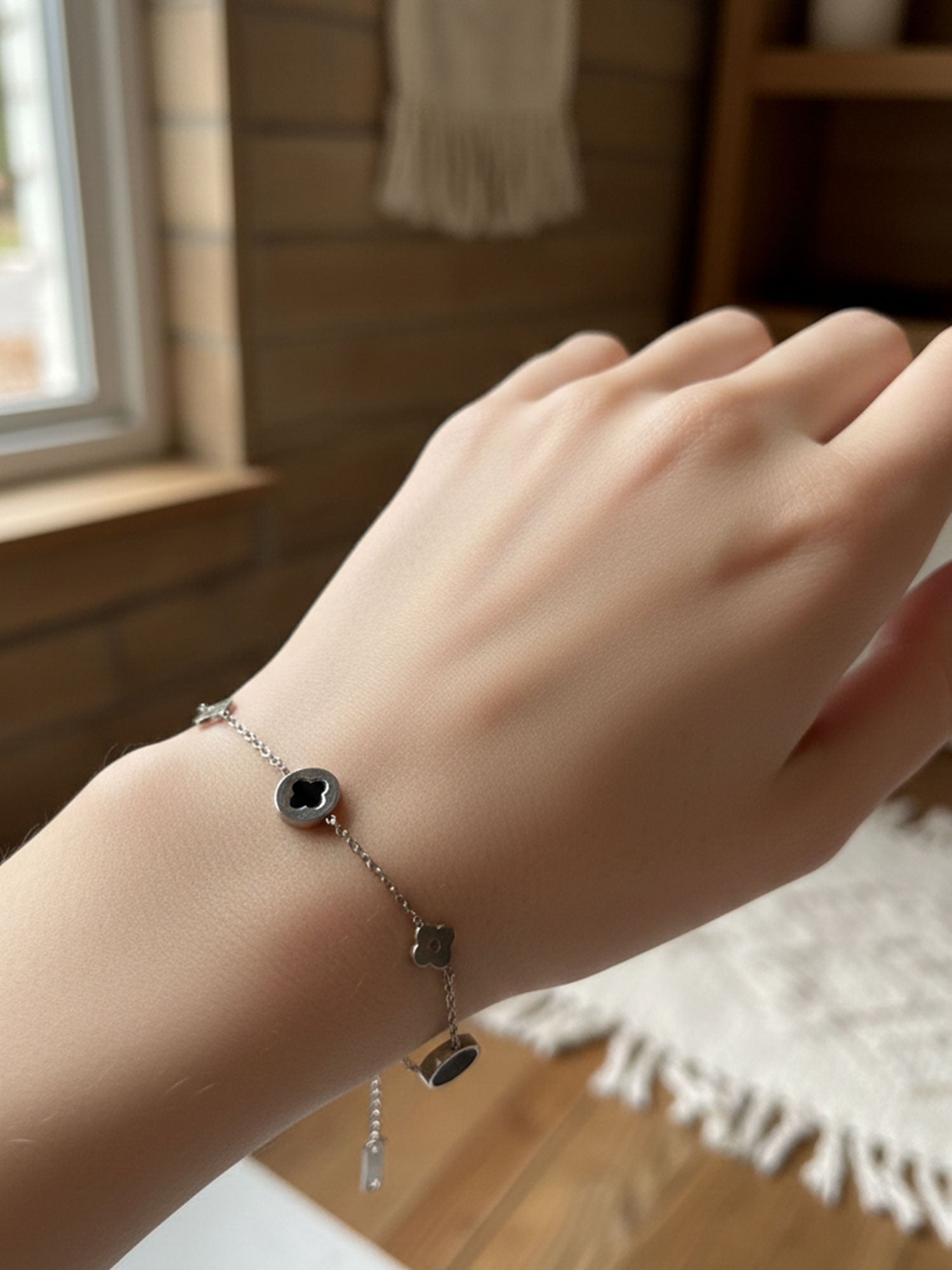 Silver & Black Clover Link Bracelet